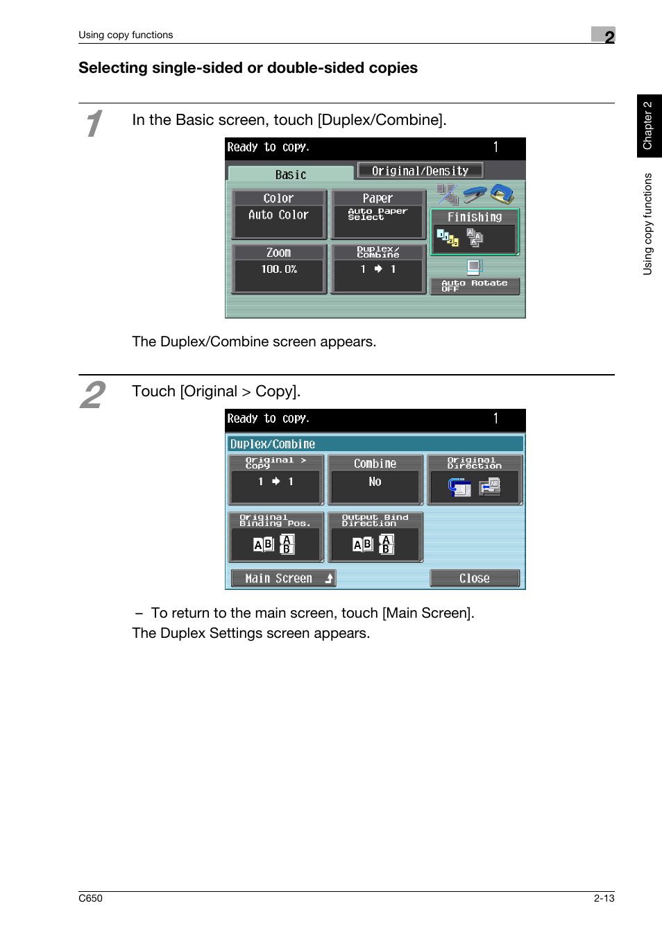 Selecting single-sided or double-sided copies, Selecting single-sided or double-sided copies -13 | Konica Minolta bizhub C650 User Manual | Page 42 / 118