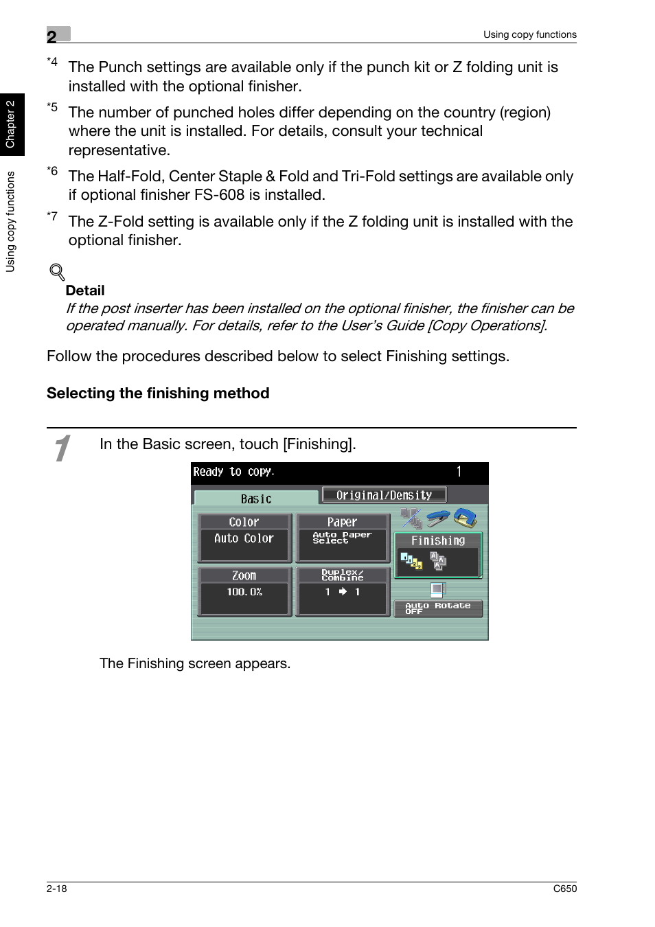 Selecting the finishing method, Selecting the finishing method -18 | Konica Minolta bizhub C650 User Manual | Page 47 / 118