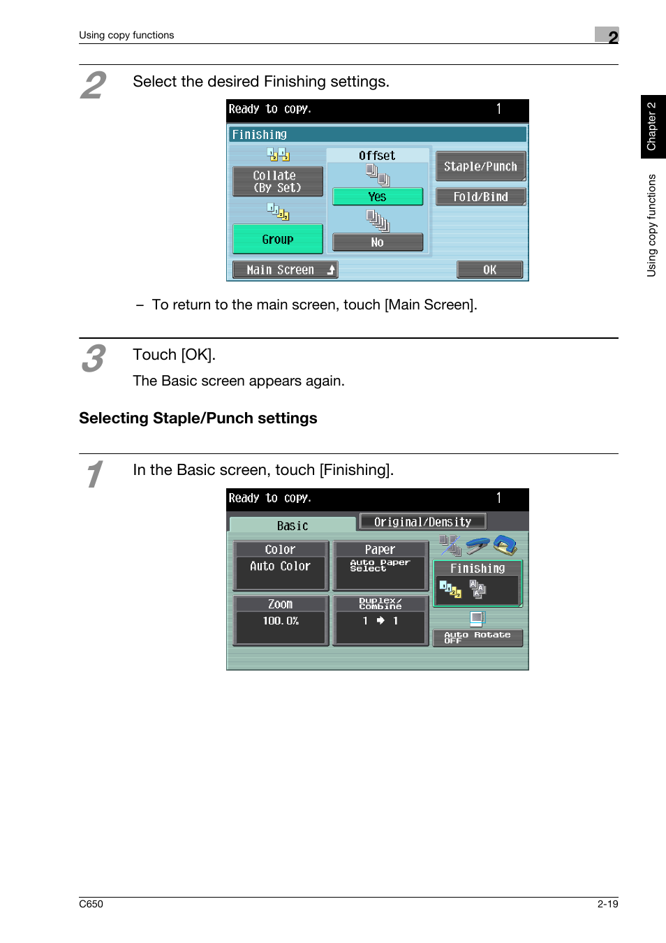 Selecting staple/punch settings, Selecting staple/punch settings -19 | Konica Minolta bizhub C650 User Manual | Page 48 / 118