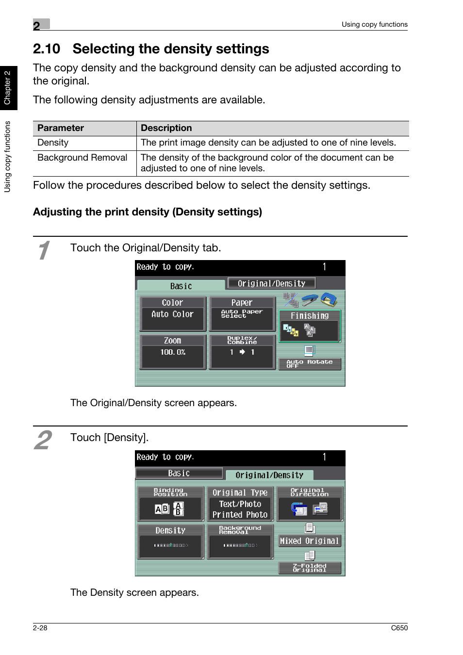 10 selecting the density settings, Adjusting the print density (density settings), 10selecting the density settings -28 | Adjusting the print density (density settings) -28 | Konica Minolta bizhub C650 User Manual | Page 57 / 118