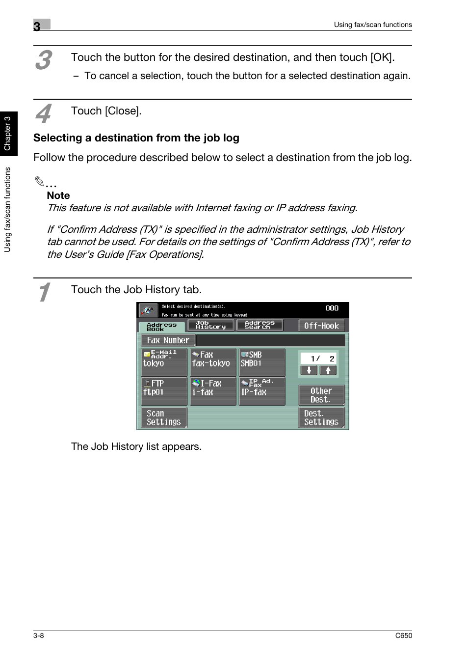 Selecting a destination from the job log, Selecting a destination from the job log -8 | Konica Minolta bizhub C650 User Manual | Page 81 / 118