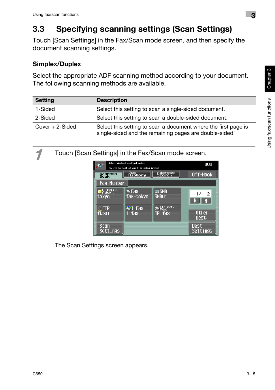 3 specifying scanning settings (scan settings), Simplex/duplex, 3 specifying scanning settings (scan settings) -15 | Simplex/duplex -15 | Konica Minolta bizhub C650 User Manual | Page 88 / 118