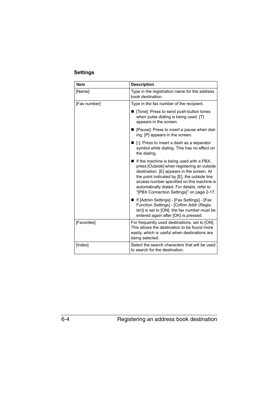 Settings, Settings -4, Registering an address book destination 6-4 | Konica Minolta bizhub C35 User Manual | Page 107 / 140