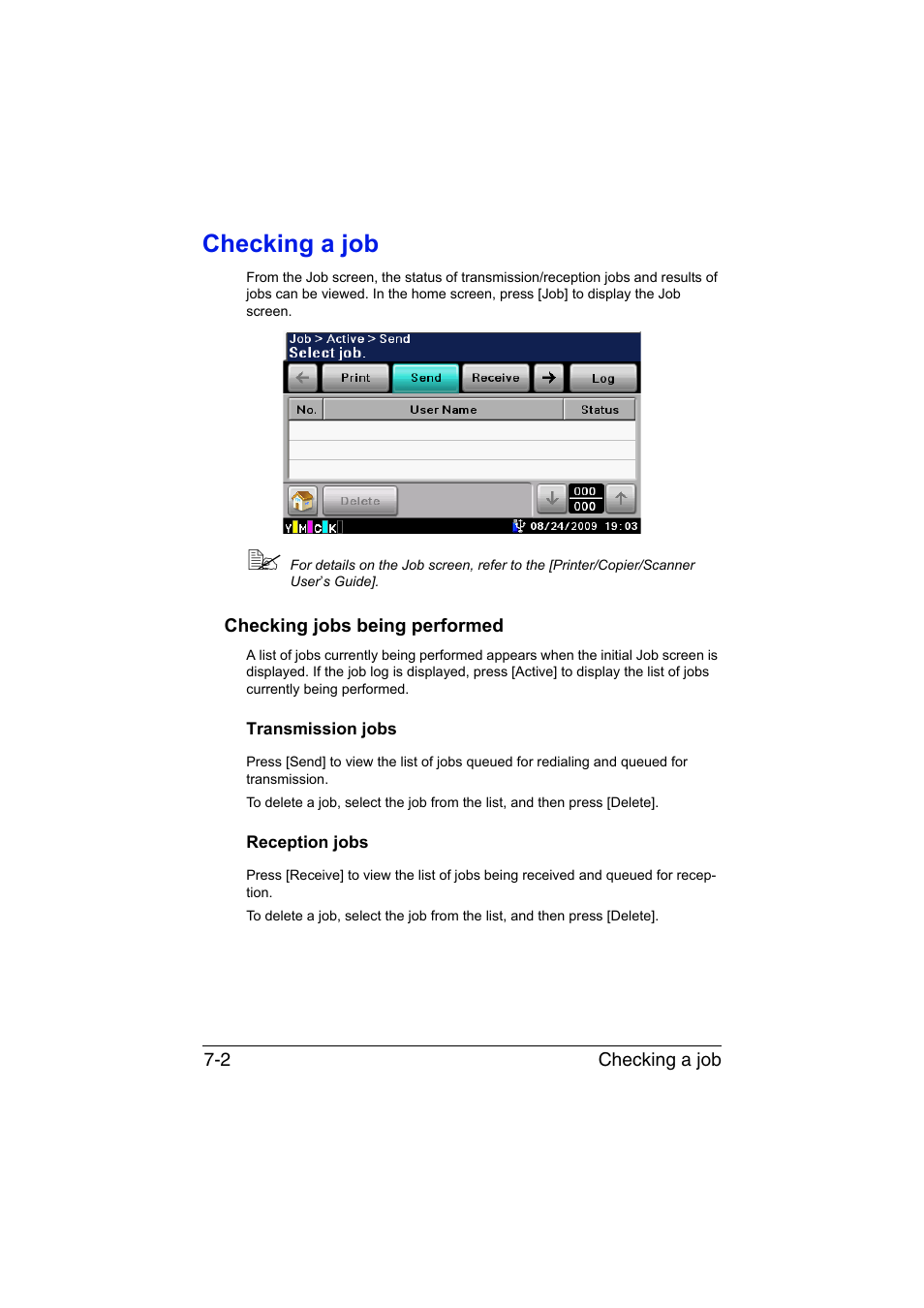 Checking a job, Checking jobs being performed, Transmission jobs | Reception jobs, Checking a job -2, Checking jobs being performed -2, Transmission jobs -2 reception jobs -2 | Konica Minolta bizhub C35 User Manual | Page 111 / 140