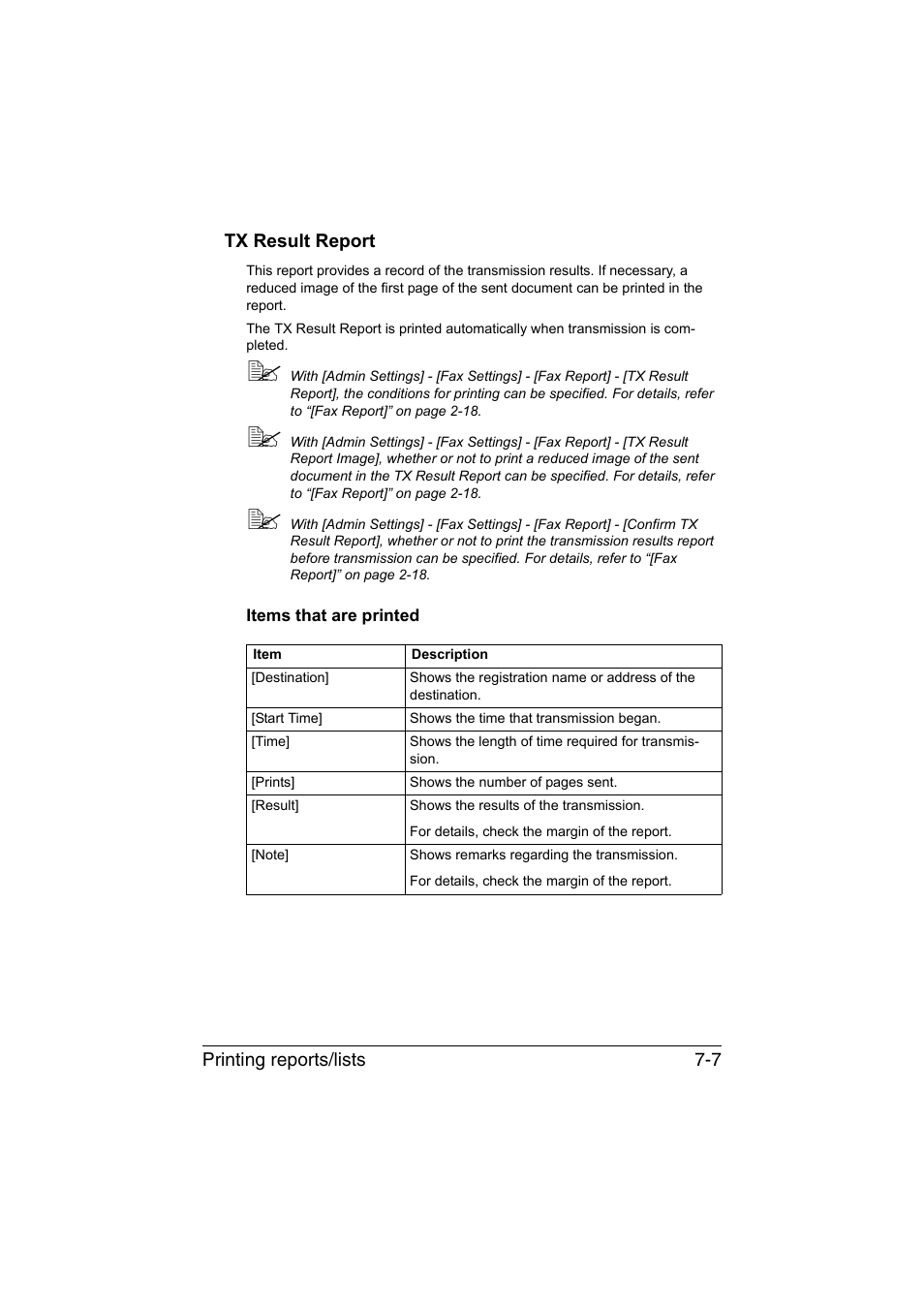 Tx result report, Items that are printed, Tx result report -7 | Items that are printed -7 | Konica Minolta bizhub C35 User Manual | Page 116 / 140