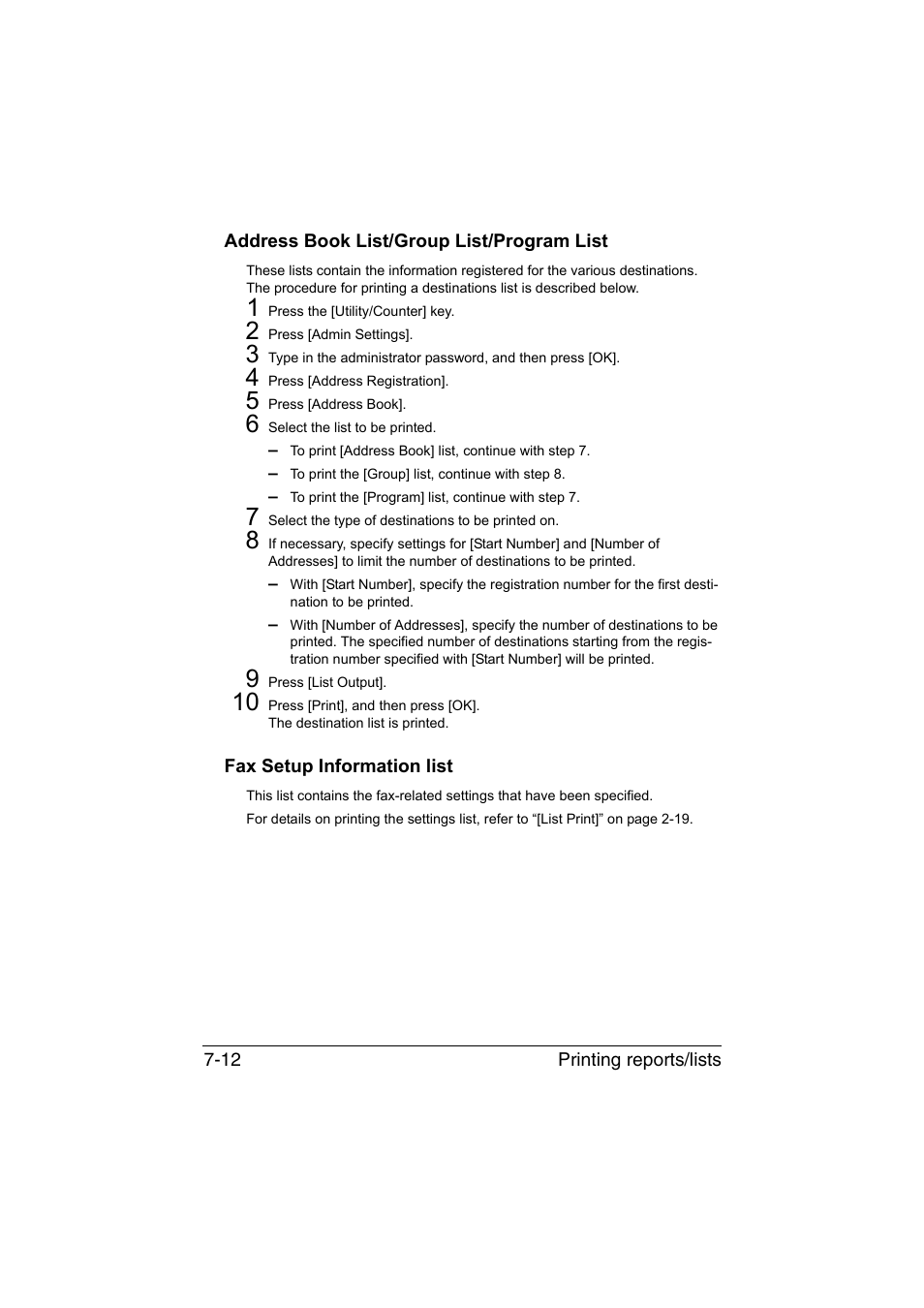 Address book list/group list/program list, Fax setup information list | Konica Minolta bizhub C35 User Manual | Page 121 / 140