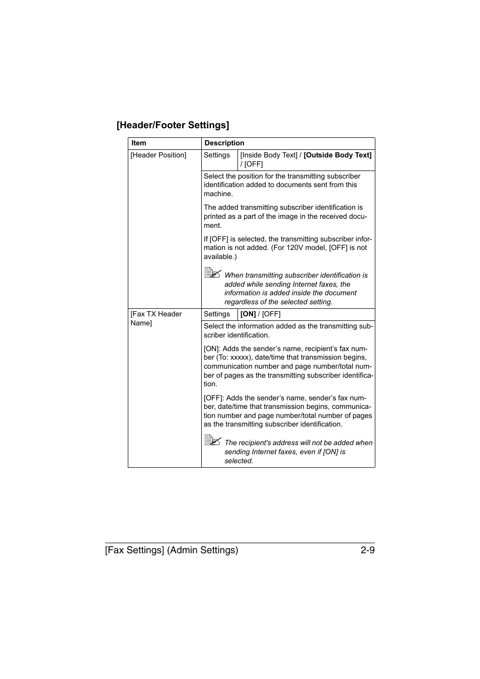Header/footer settings, Header/footer settings] -9 | Konica Minolta bizhub C35 User Manual | Page 34 / 140