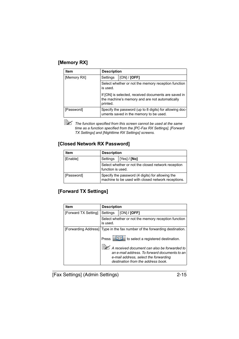 Memory rx, Closed network rx password, Forward tx settings | Konica Minolta bizhub C35 User Manual | Page 40 / 140