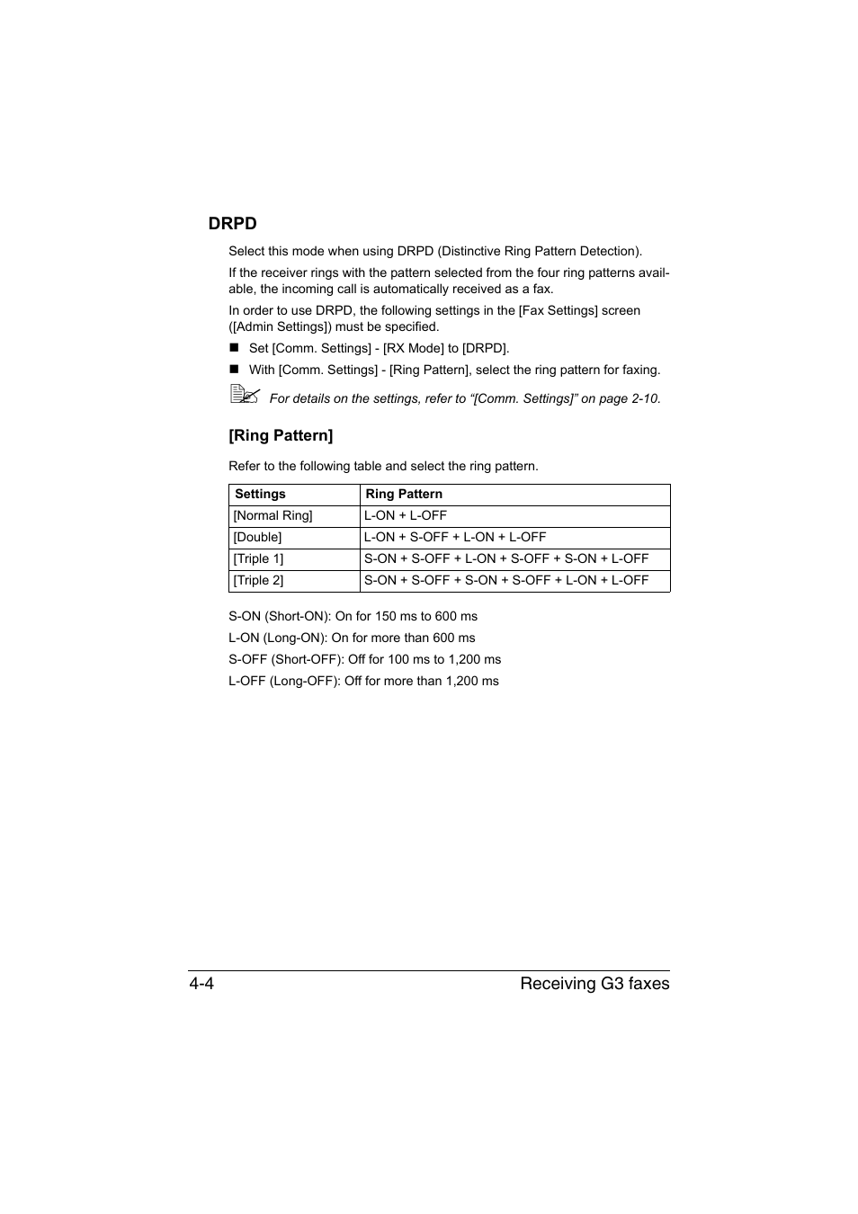 Drpd, Ring pattern, Drpd -4 | Ring pattern] -4, Receiving g3 faxes 4-4 drpd | Konica Minolta bizhub C35 User Manual | Page 73 / 140