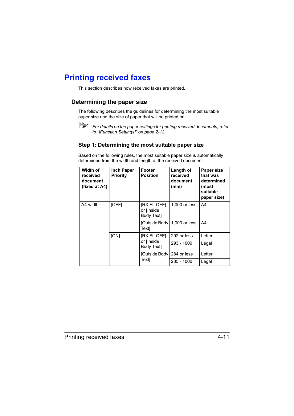 Printing received faxes, Determining the paper size, Step 1: determining the most suitable paper size | Printing received faxes -11, Determining the paper size -11, Printing received faxes 4-11 | Konica Minolta bizhub C35 User Manual | Page 80 / 140
