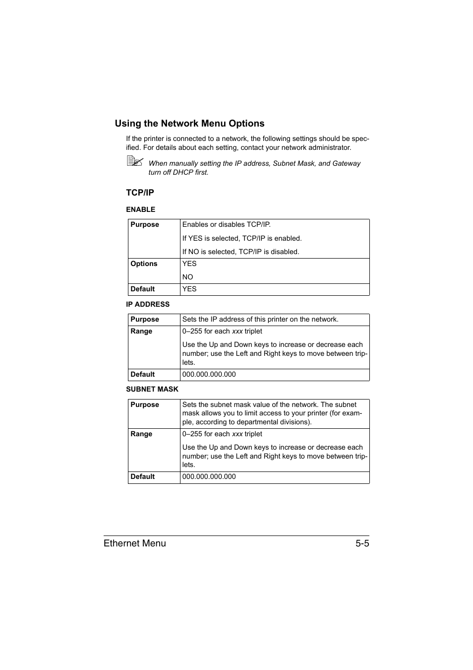 Using the network menu options, Tcp/ip, Using the network menu options -5 | Tcp/ip -5, Ethernet menu 5-5 using the network menu options | Konica Minolta bizhub C35P User Manual | Page 172 / 409