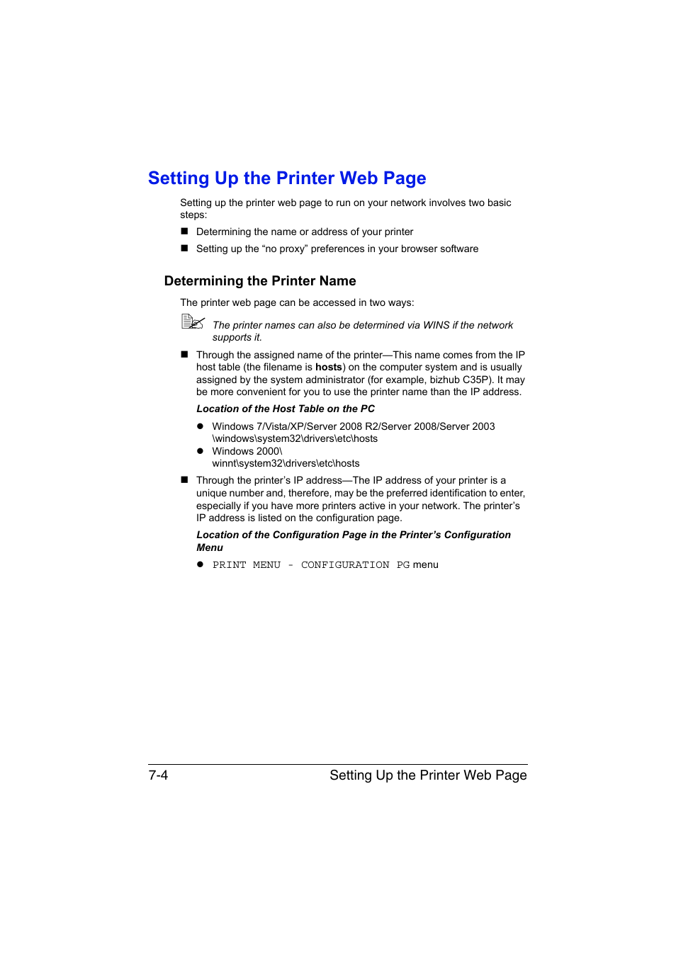 Determining the printer name, Determining the printer name -4, Setting up the printer web page | Konica Minolta bizhub C35P User Manual | Page 223 / 409