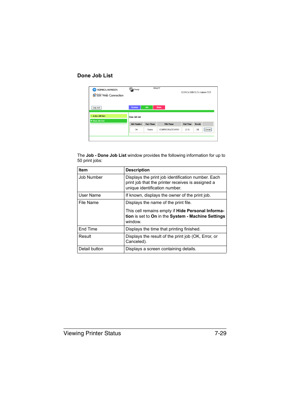 Done job list, Done job list -29, Viewing printer status 7-29 | Konica Minolta bizhub C35P User Manual | Page 248 / 409