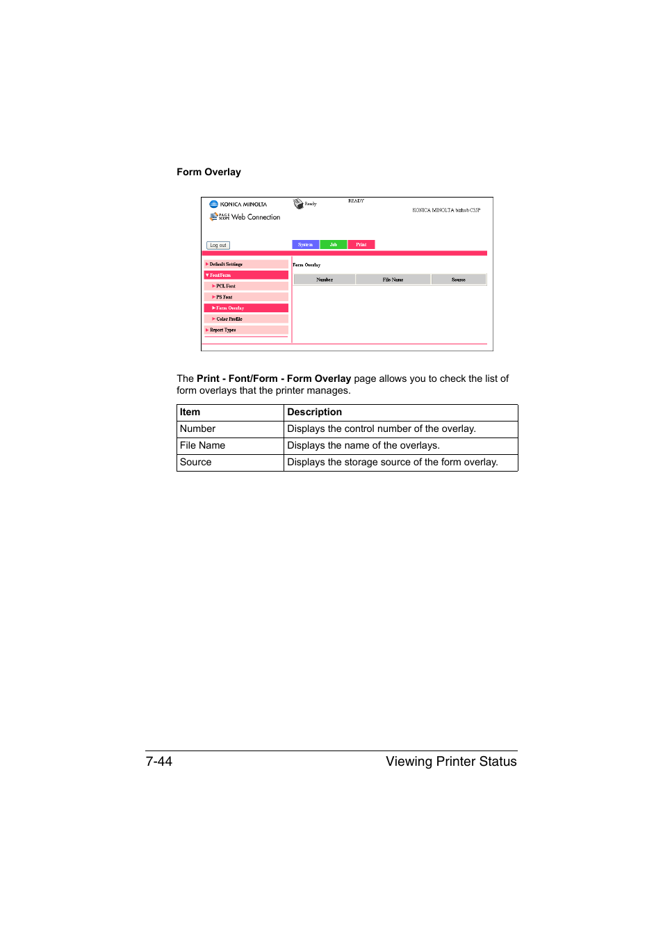 Viewing printer status 7-44 | Konica Minolta bizhub C35P User Manual | Page 263 / 409