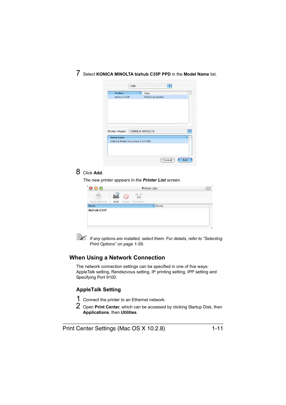 When using a network connection, Appletalk setting, When using a network connection -11 | Appletalk setting -11 | Konica Minolta bizhub C35P User Manual | Page 36 / 409