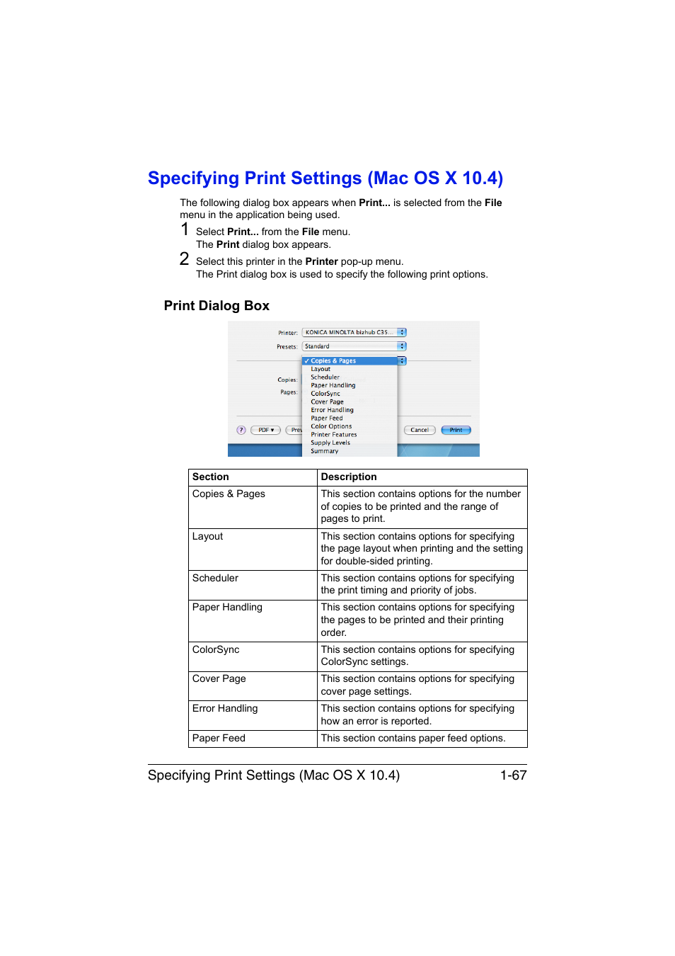 Specifying print settings (mac os x 10.4), Print dialog box, Specifying print settings (mac os x 10.4) -67 | Print dialog box -67 | Konica Minolta bizhub C35P User Manual | Page 92 / 409