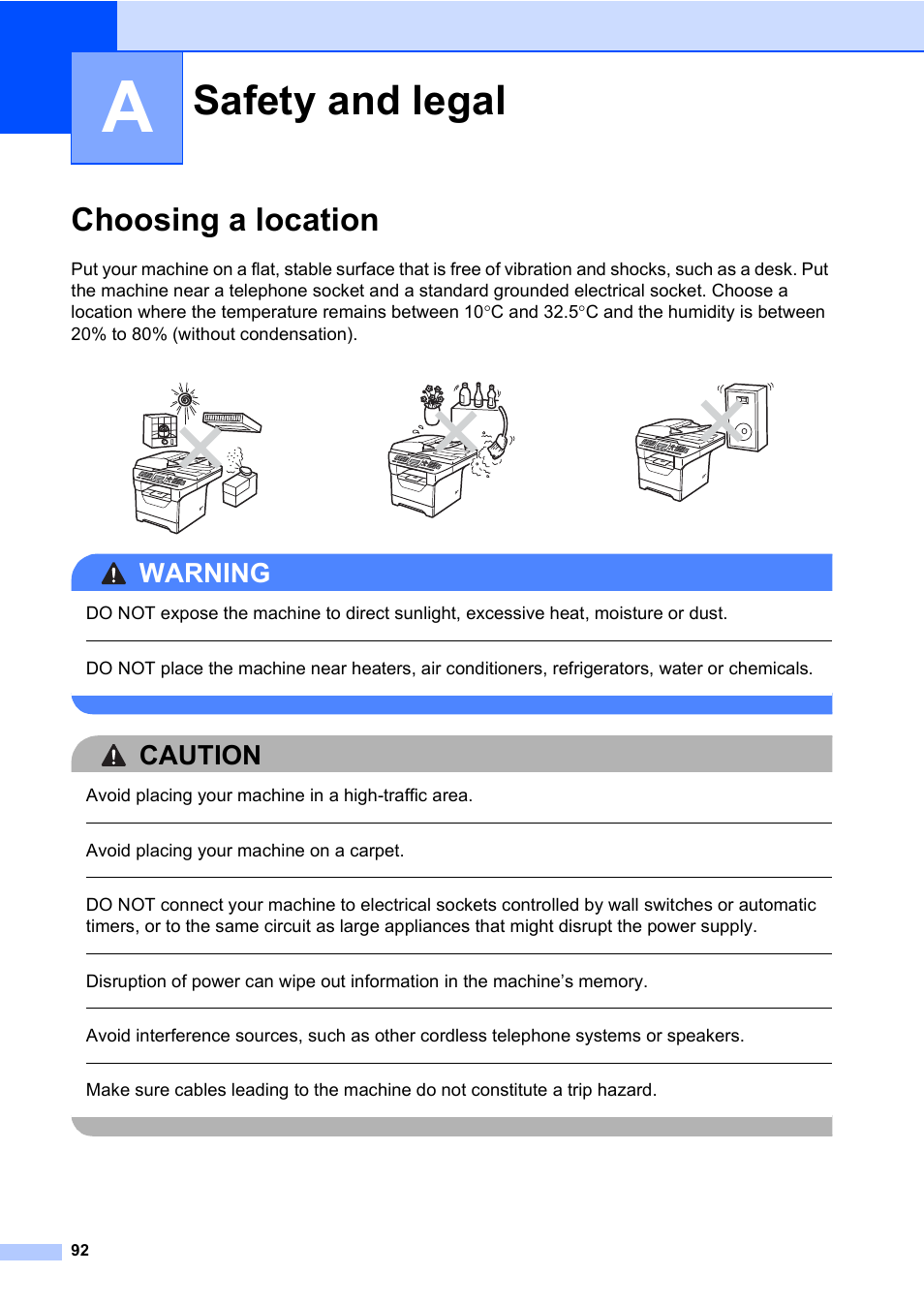 A safety and legal, Choosing a location, Safety and legal | Warning, Caution, Avoid placing your machine in a high-traffic area, Avoid placing your machine on a carpet | Konica Minolta bizhub 20 User Manual | Page 101 / 203