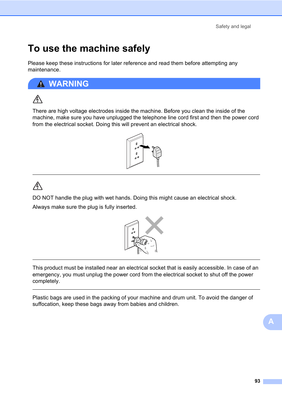 To use the machine safely, Warning, Safety and legal 93 | Konica Minolta bizhub 20 User Manual | Page 102 / 203