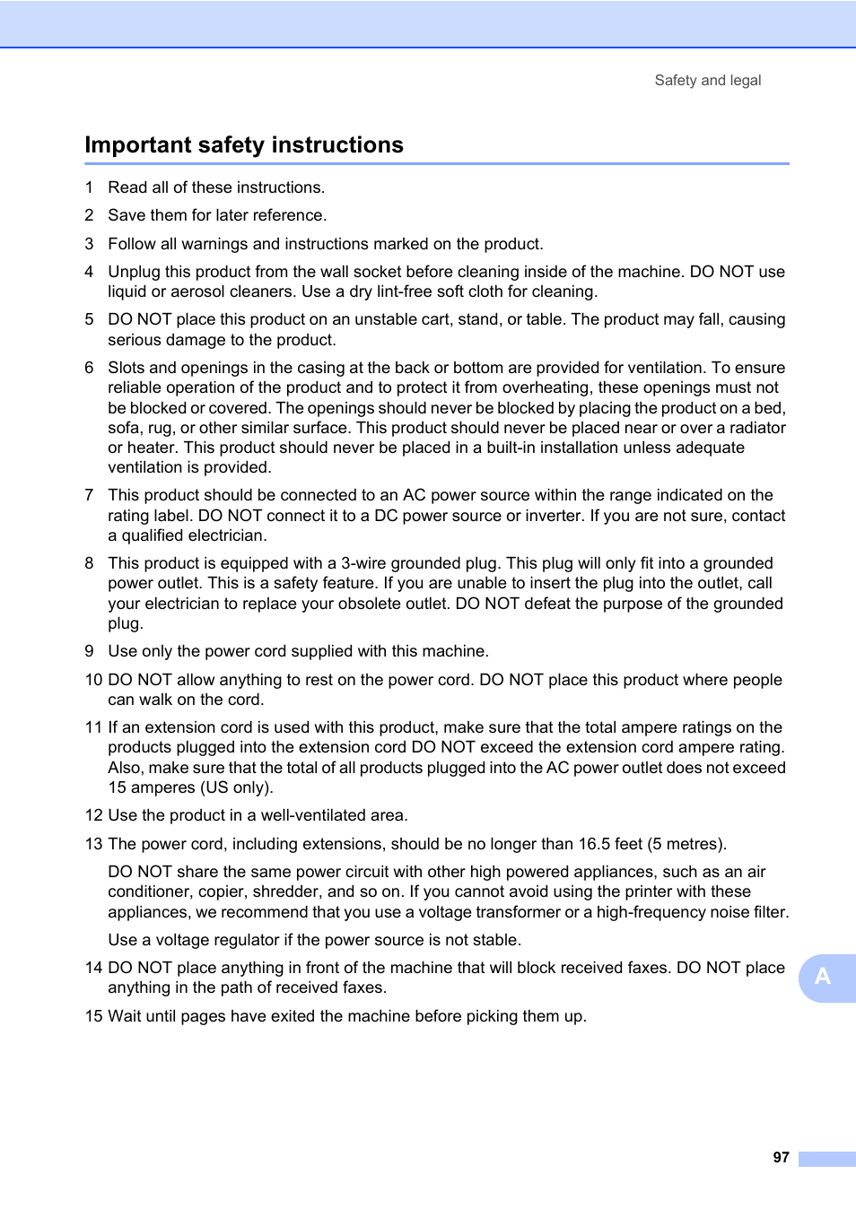 Important safety instructions, Aimportant safety instructions | Konica Minolta bizhub 20 User Manual | Page 106 / 203