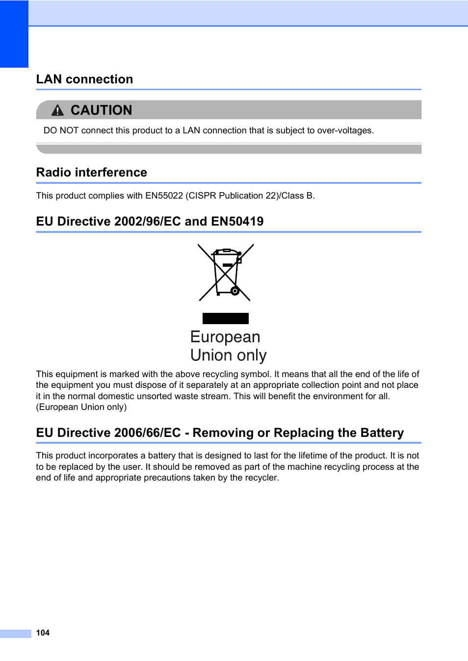 Lan connection, Radio interference, Eu directive 2002/96/ec and en50419 | Caution | Konica Minolta bizhub 20 User Manual | Page 113 / 203