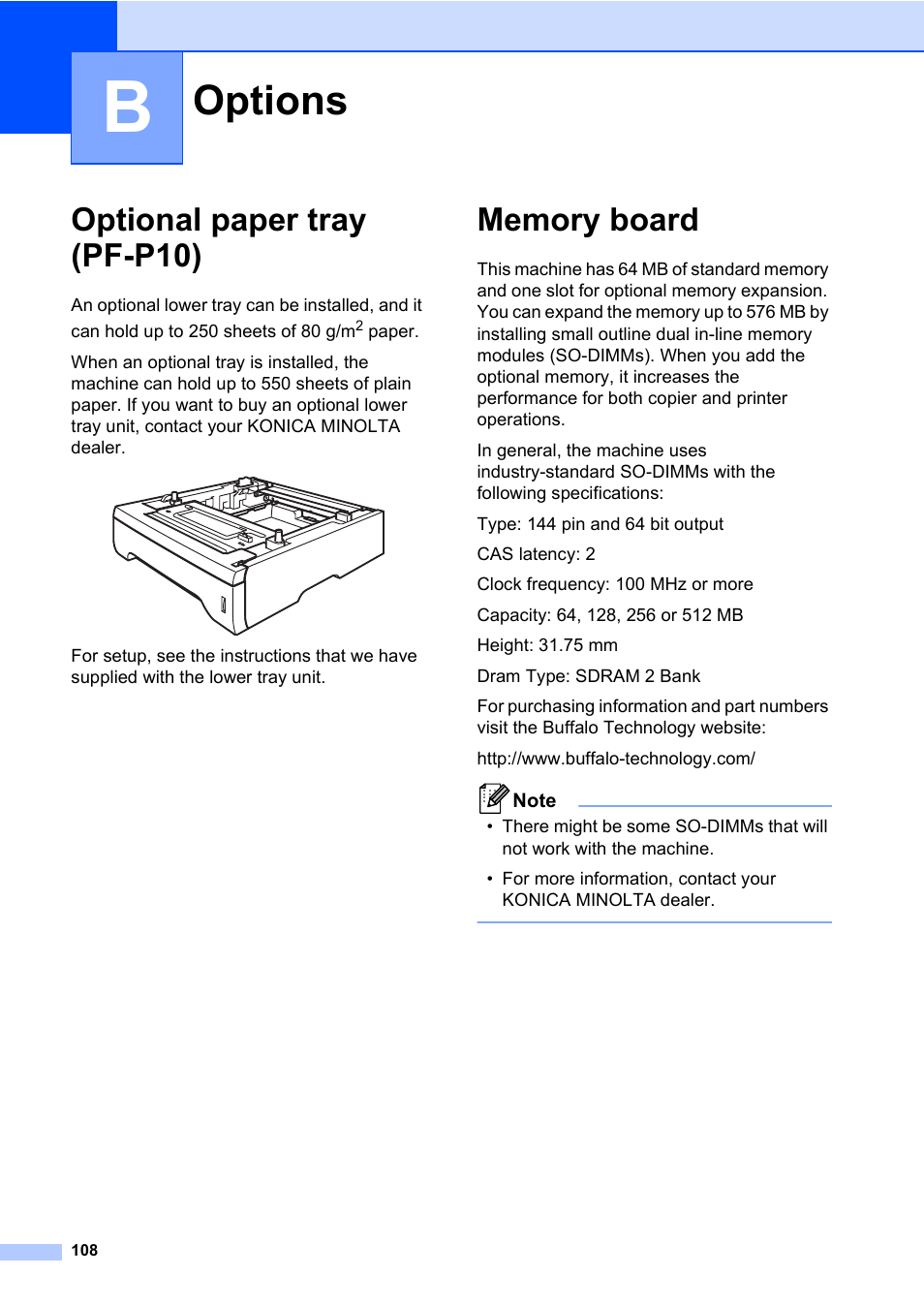 B options, Optional paper tray (pf-p10), Memory board | Options, Optional paper tray (pf-p10) memory board | Konica Minolta bizhub 20 User Manual | Page 117 / 203
