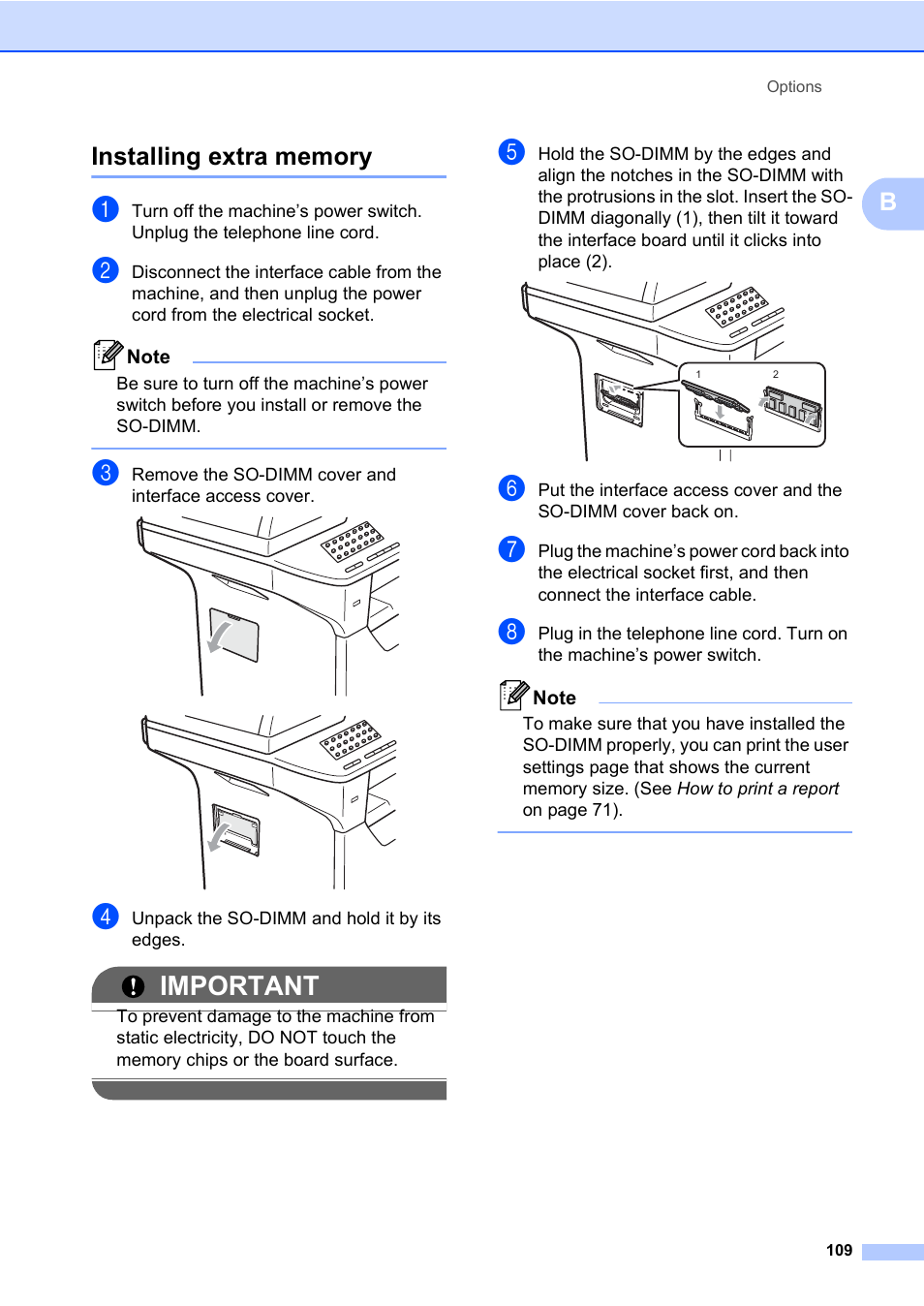 Installing extra memory, Important | Konica Minolta bizhub 20 User Manual | Page 118 / 203