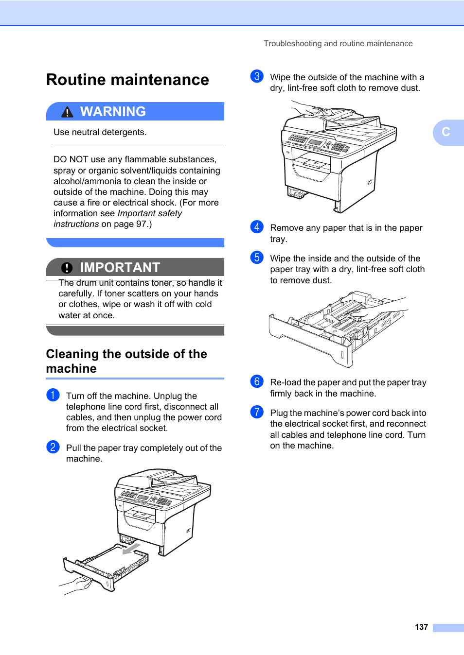 Routine maintenance, Cleaning the outside of the machine, Warning | Important | Konica Minolta bizhub 20 User Manual | Page 146 / 203