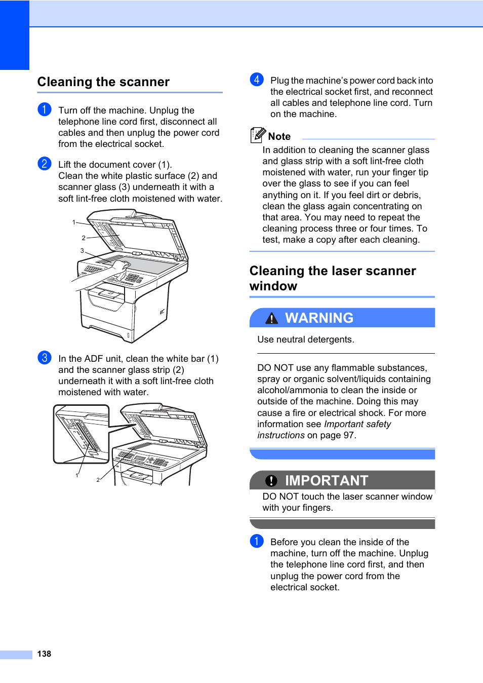 Cleaning the scanner, Cleaning the laser scanner window, Warning | Important | Konica Minolta bizhub 20 User Manual | Page 147 / 203