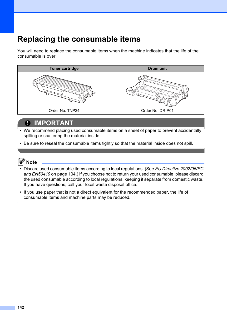 Replacing the consumable items, Important | Konica Minolta bizhub 20 User Manual | Page 151 / 203
