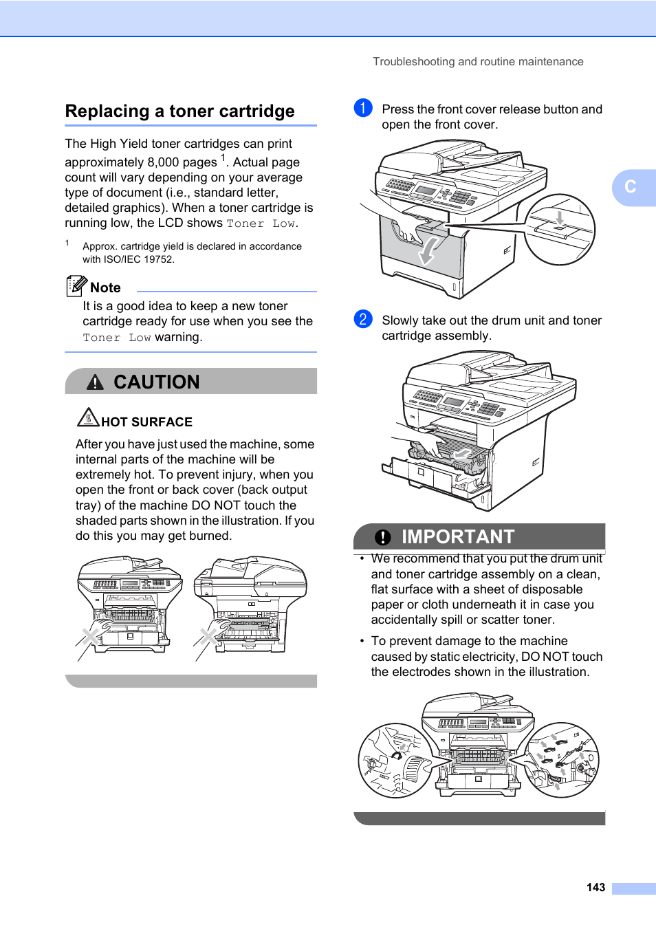 Replacing a toner cartridge, Caution, Important | Creplacing a toner cartridge | Konica Minolta bizhub 20 User Manual | Page 152 / 203