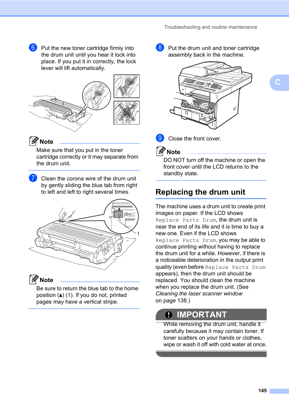Replacing the drum unit, Important | Konica Minolta bizhub 20 User Manual | Page 154 / 203