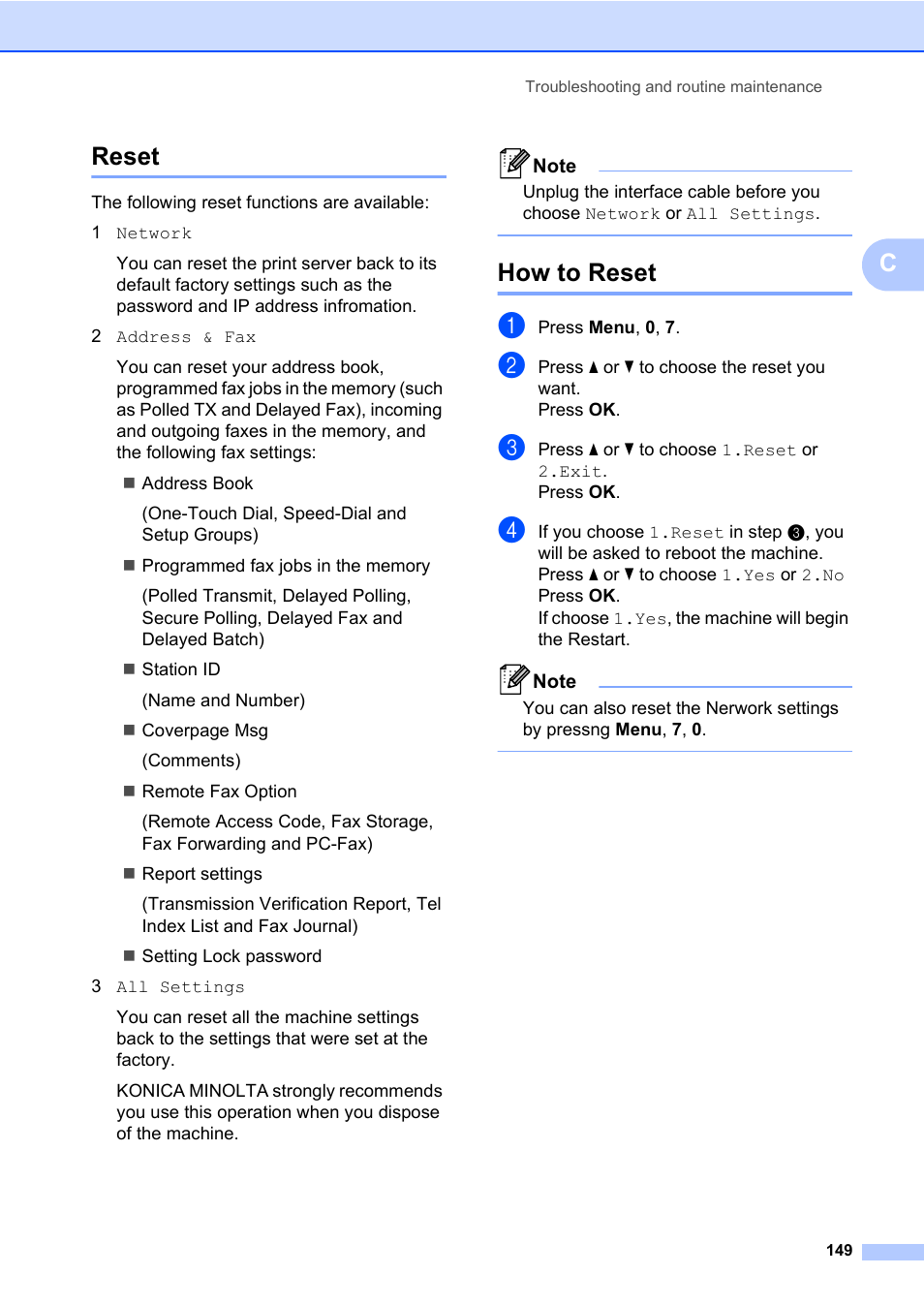 Reset, How to reset, Reset how to reset | Creset | Konica Minolta bizhub 20 User Manual | Page 158 / 203