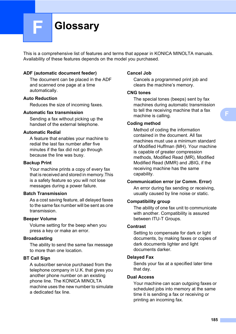 F glossary, Glossary | Konica Minolta bizhub 20 User Manual | Page 194 / 203