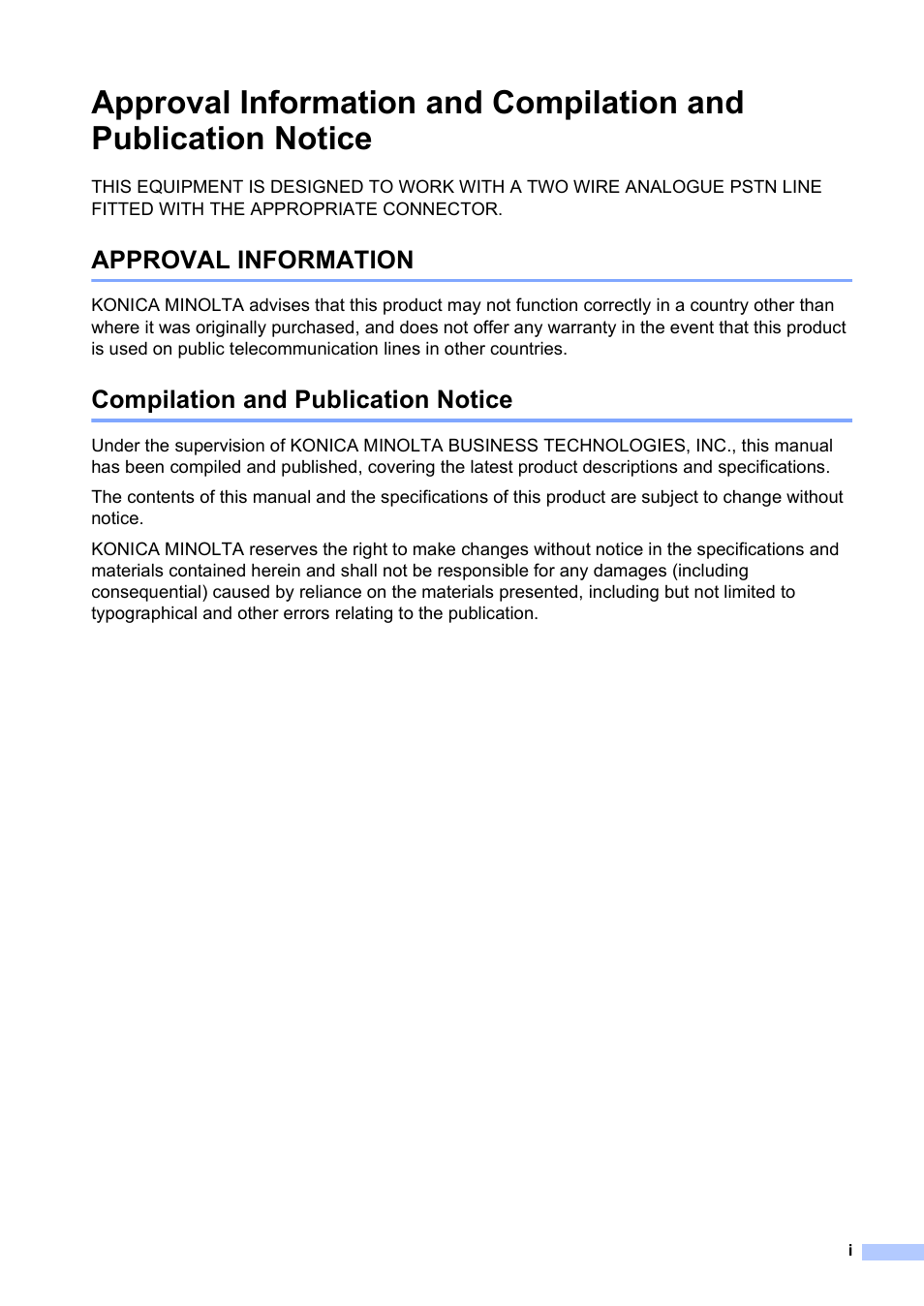 Approval information, Compilation and publication notice | Konica Minolta bizhub 20 User Manual | Page 2 / 203