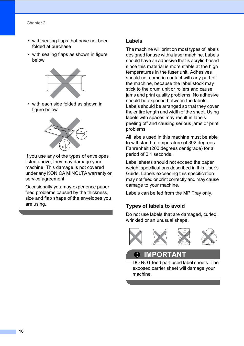 Important, Labels, Types of labels to avoid | With each side folded as shown in figure below | Konica Minolta bizhub 20 User Manual | Page 25 / 203