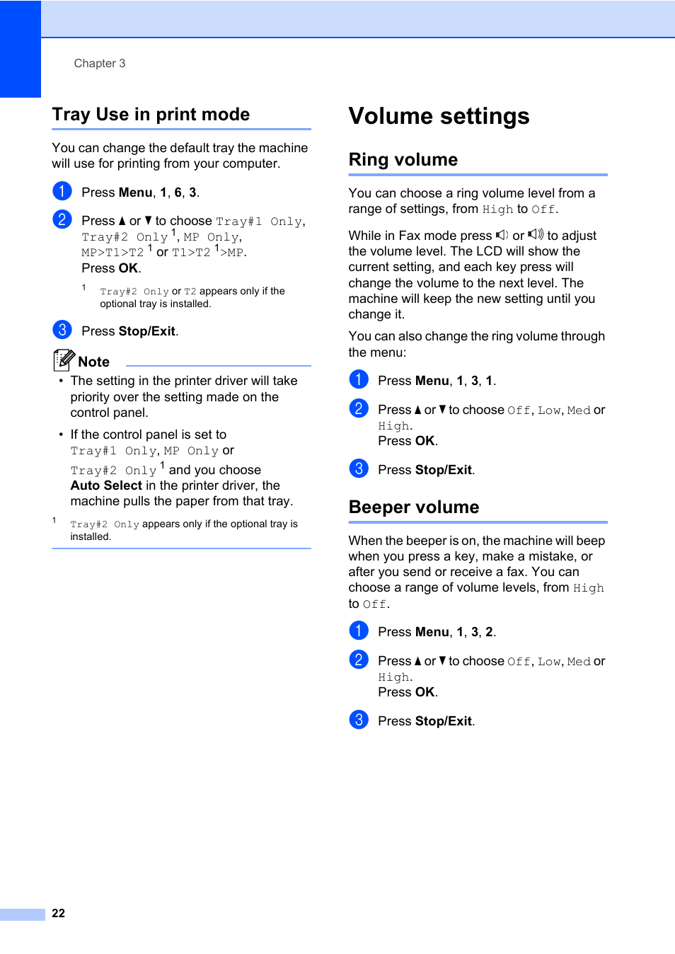 Tray use in print mode, Volume settings, Ring volume | Beeper volume, Ring volume beeper volume | Konica Minolta bizhub 20 User Manual | Page 31 / 203