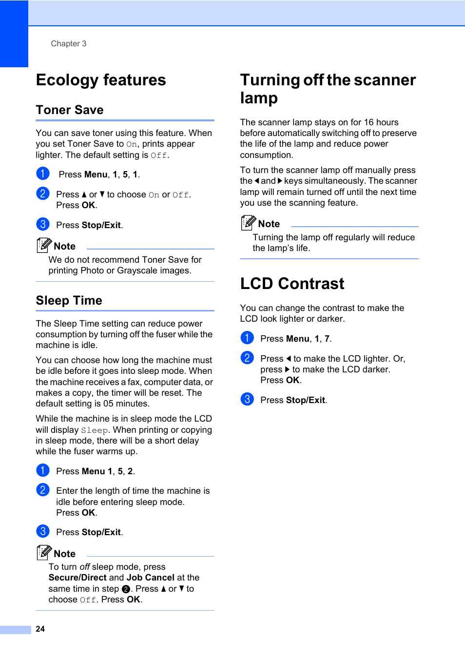 Ecology features, Toner save, Sleep time | Turning off the scanner lamp, Lcd contrast, Toner save sleep time, Turning off the scanner lamp lcd contrast | Konica Minolta bizhub 20 User Manual | Page 33 / 203