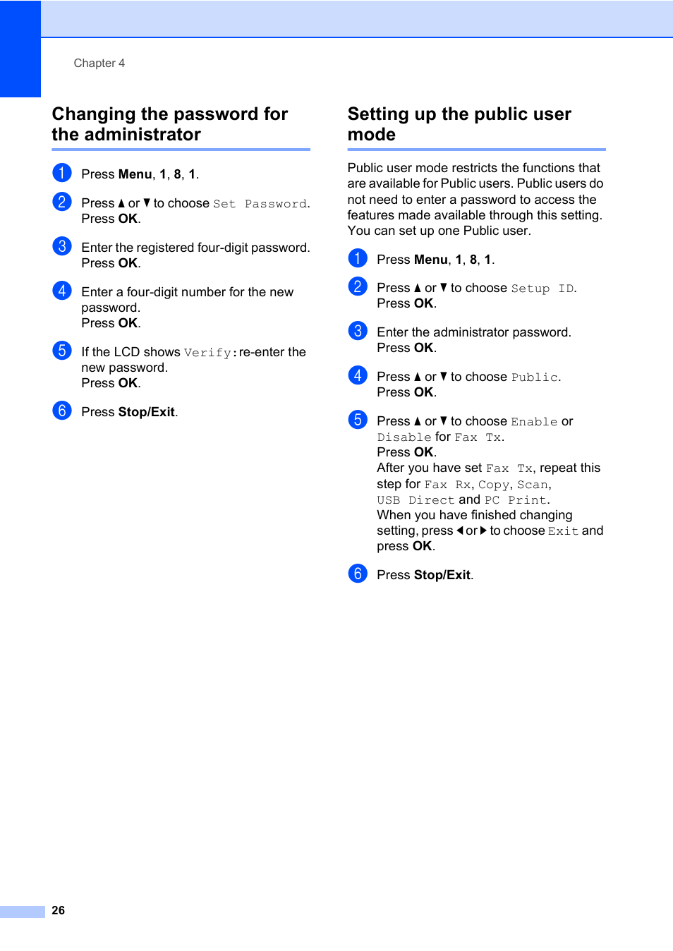 Changing the password for the administrator, Setting up the public user mode | Konica Minolta bizhub 20 User Manual | Page 35 / 203