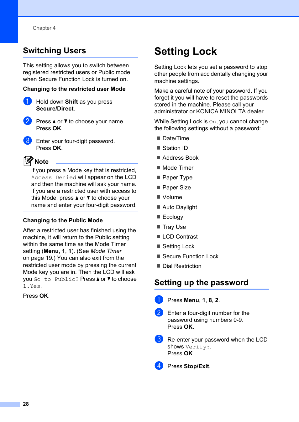Switching users, Setting lock, Setting up the password | Konica Minolta bizhub 20 User Manual | Page 37 / 203