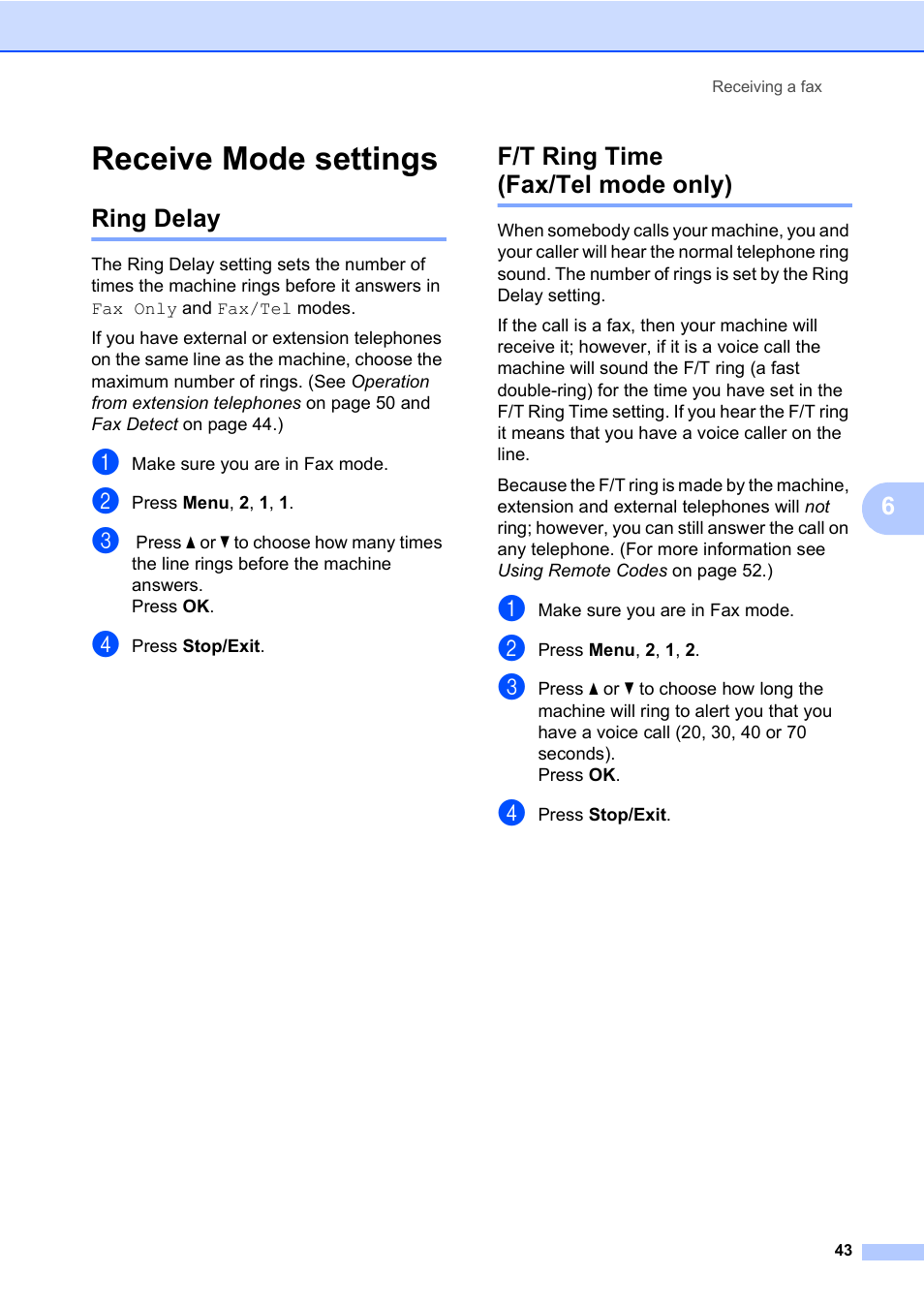 Receive mode settings, Ring delay, F/t ring time (fax/tel mode only) | Ring delay f/t ring time (fax/tel mode only) | Konica Minolta bizhub 20 User Manual | Page 52 / 203