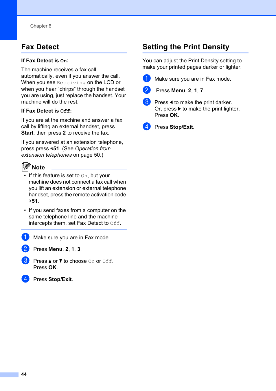 Fax detect, Setting the print density, Fax detect setting the print density | Konica Minolta bizhub 20 User Manual | Page 53 / 203