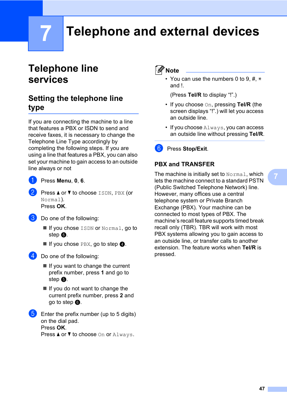 7 telephone and external devices, Telephone line services, Setting the telephone line type | Telephone and external devices | Konica Minolta bizhub 20 User Manual | Page 56 / 203