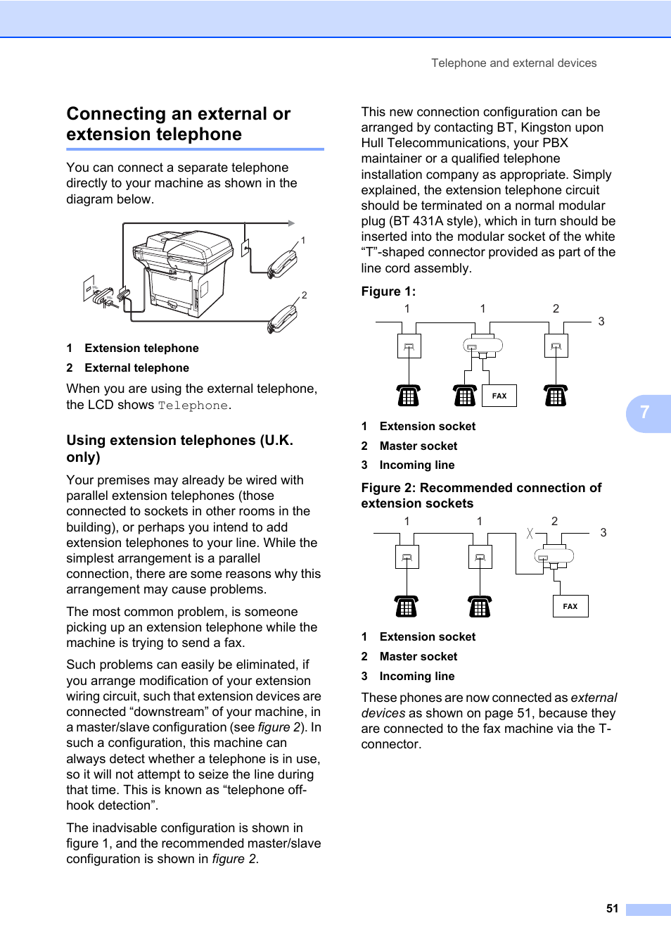 Connecting an external or extension telephone, 7connecting an external or extension telephone, Using extension telephones (u.k. only) | Konica Minolta bizhub 20 User Manual | Page 60 / 203