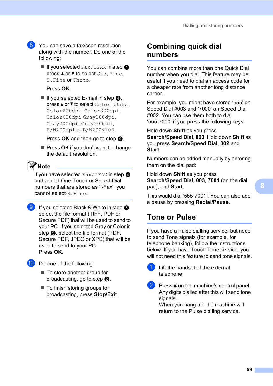 Combining quick dial numbers, Tone or pulse, Combining quick dial numbers tone or pulse | Konica Minolta bizhub 20 User Manual | Page 68 / 203