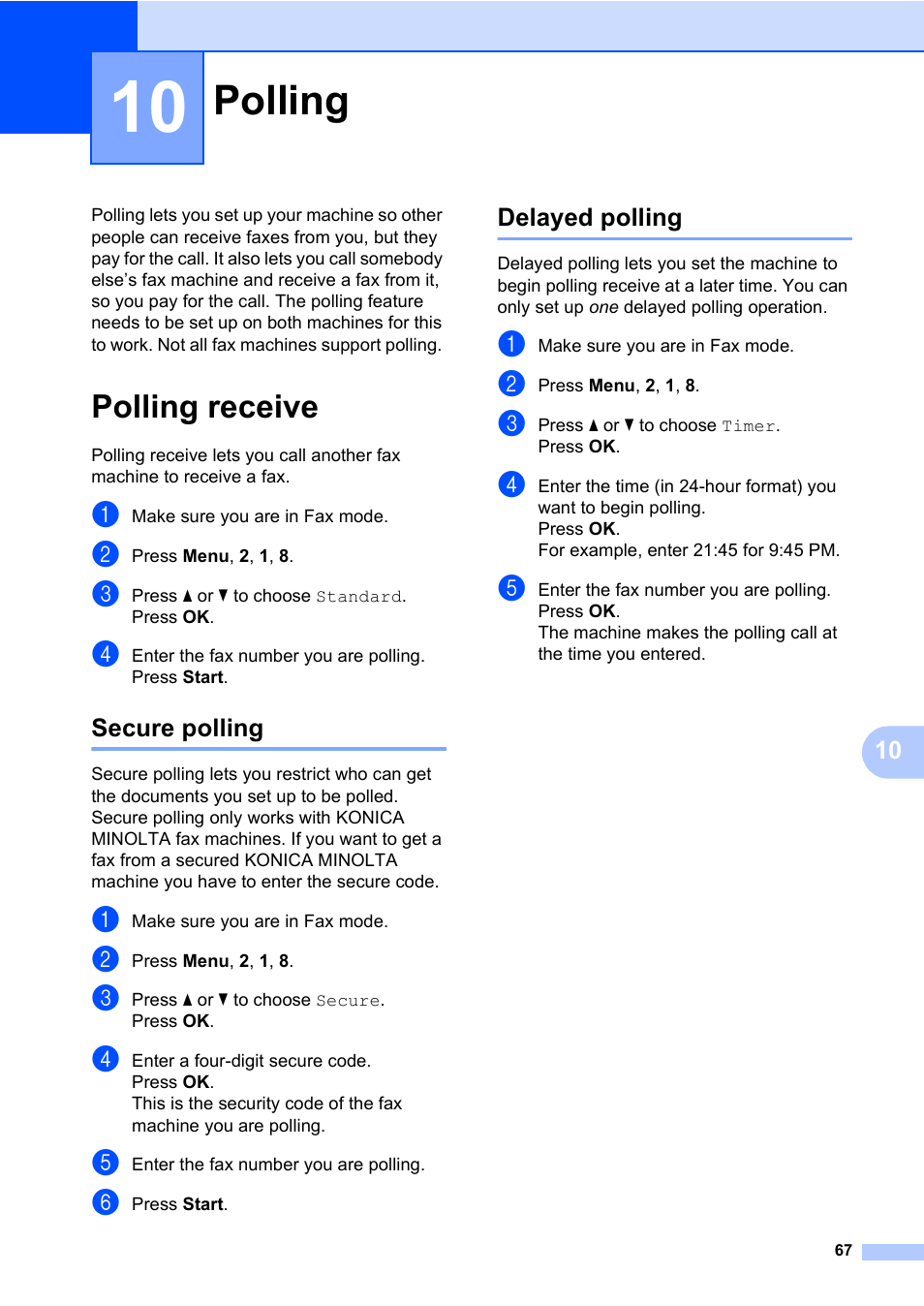 10 polling, Polling receive, Secure polling | Delayed polling, Polling, Secure polling delayed polling | Konica Minolta bizhub 20 User Manual | Page 76 / 203