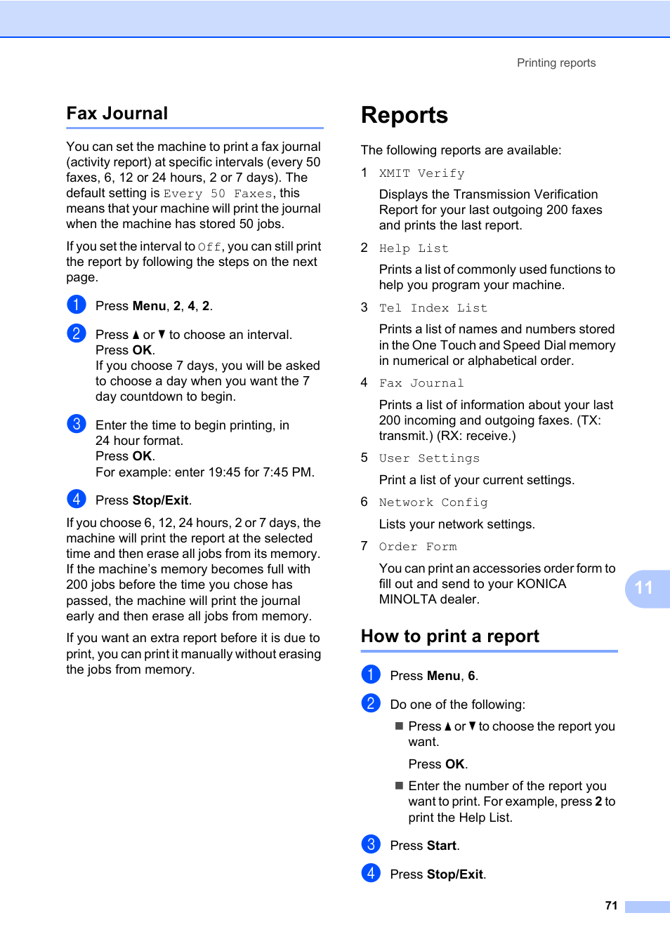 Fax journal, Reports, How to print a report | 11 fax journal | Konica Minolta bizhub 20 User Manual | Page 80 / 203