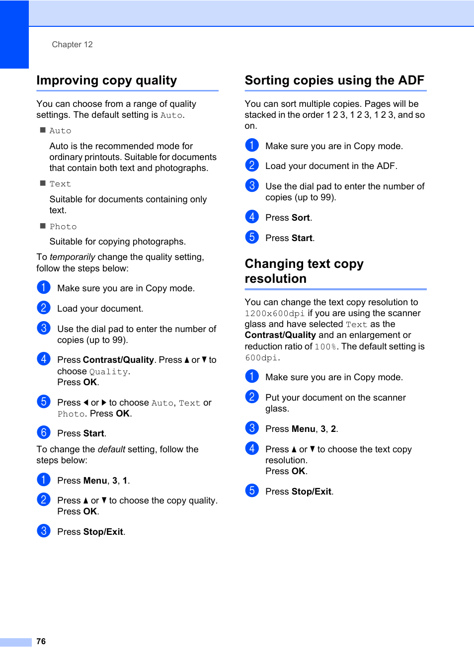 Improving copy quality, Sorting copies using the adf, Changing text copy resolution | Konica Minolta bizhub 20 User Manual | Page 85 / 203
