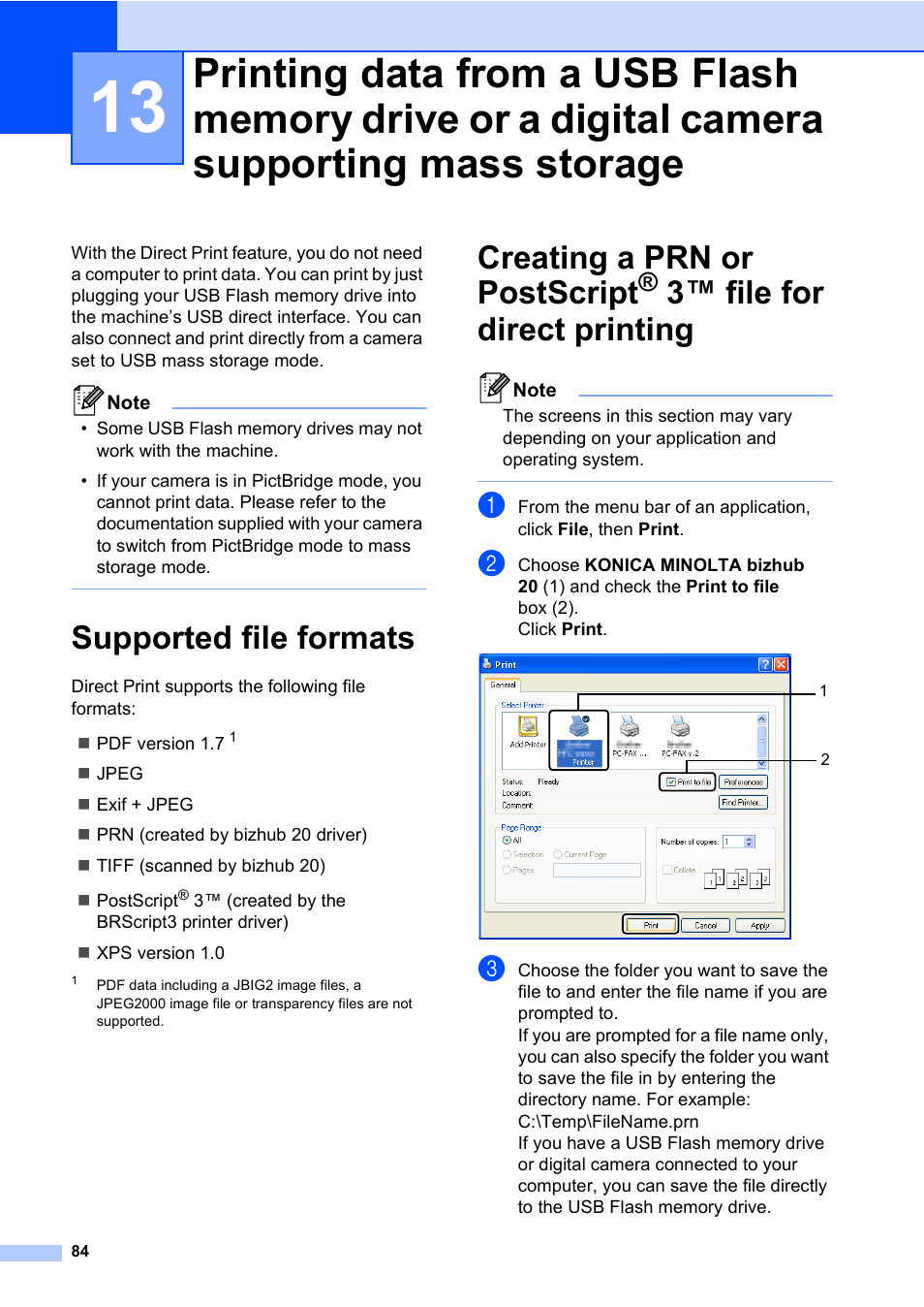 Supported file formats, 3™ file for direct printing, Creating a prn or postscript | Konica Minolta bizhub 20 User Manual | Page 93 / 203