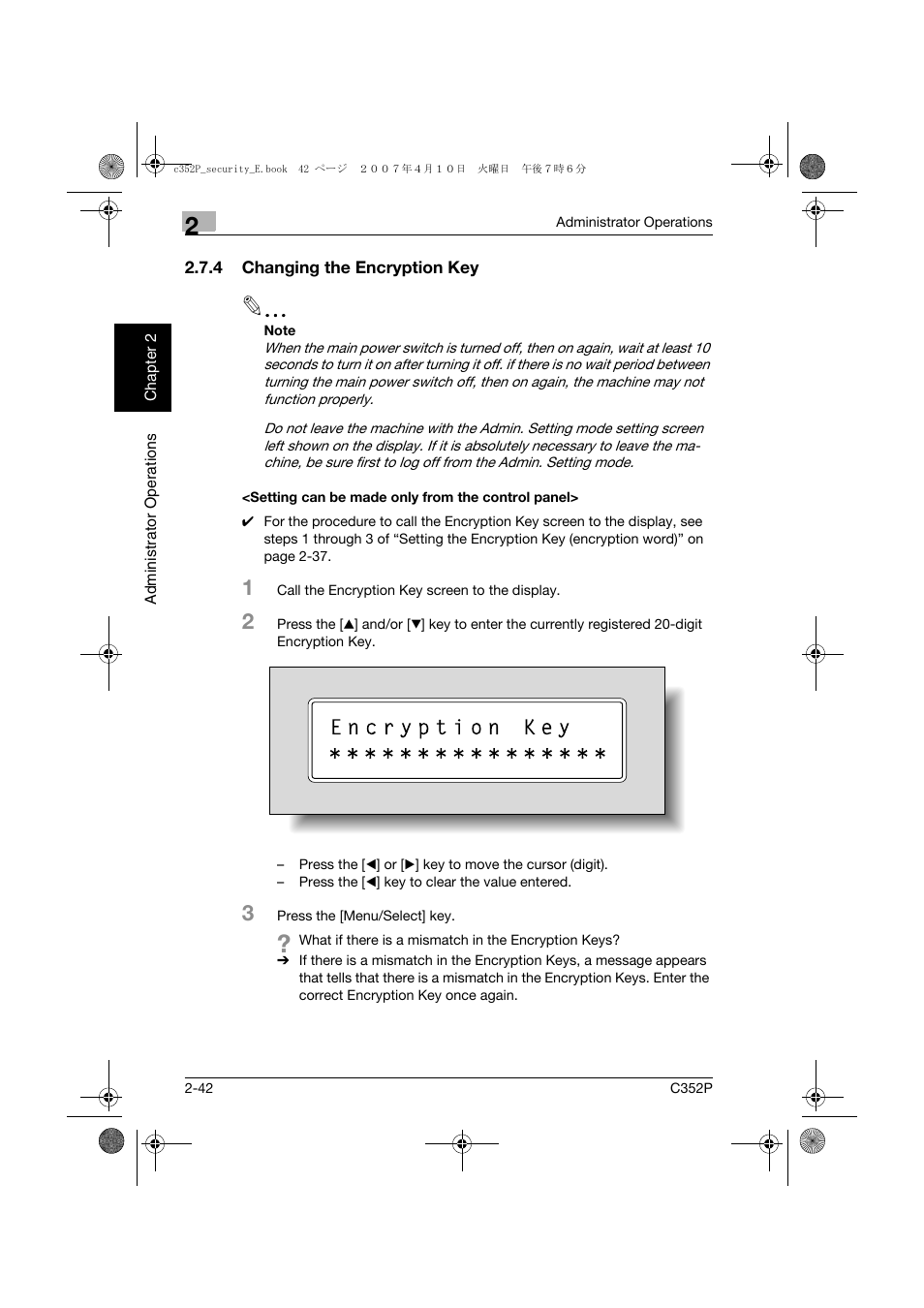 4 changing the encryption key, Setting can be made only from the control panel | Konica Minolta bizhub C352P User Manual | Page 59 / 108