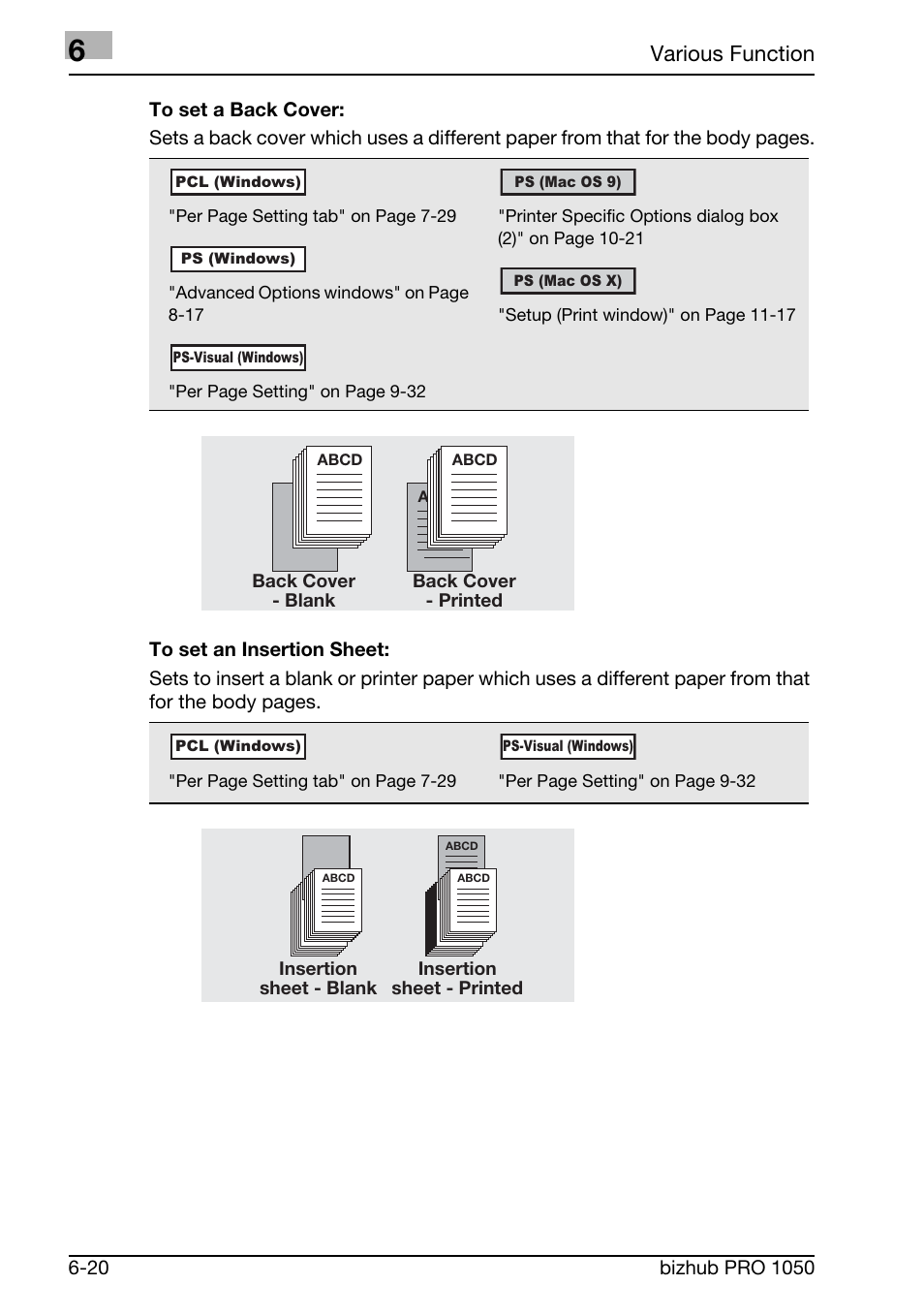 Various function, Back cover - blank back cover - printed, Insertion sheet - blank insertion sheet - printed | Konica Minolta BIZHUB PRO 1050 User Manual | Page 117 / 399